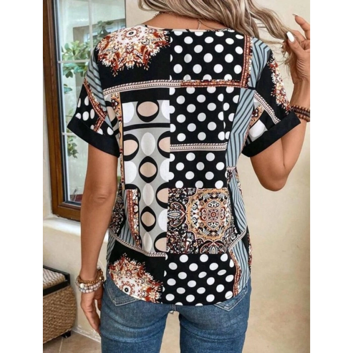 Kadın çentik V Yaka Kısa Kollu Desenli Moss Krep Kumaş Bluz