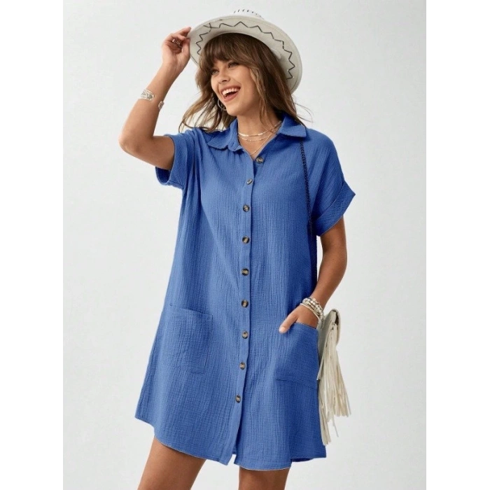 Kadın Cep Detay Müslin Kumaş Mini Gömlek Elbise