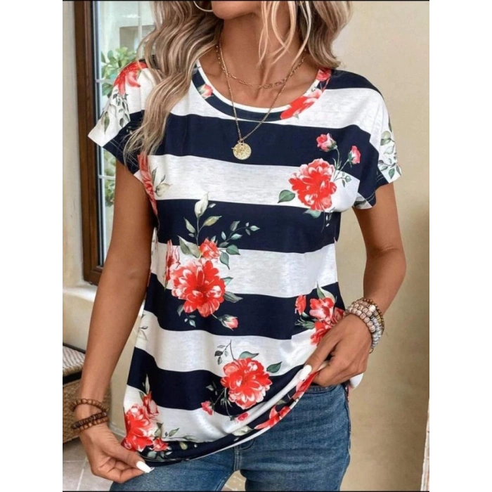 Kadın Çiçek Desenli Yatay Şeritli Bisiklet Yaka Tişört