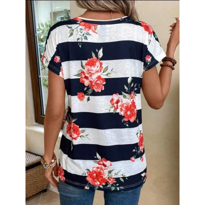 Kadın Çiçek Desenli Yatay Şeritli Bisiklet Yaka Tişört