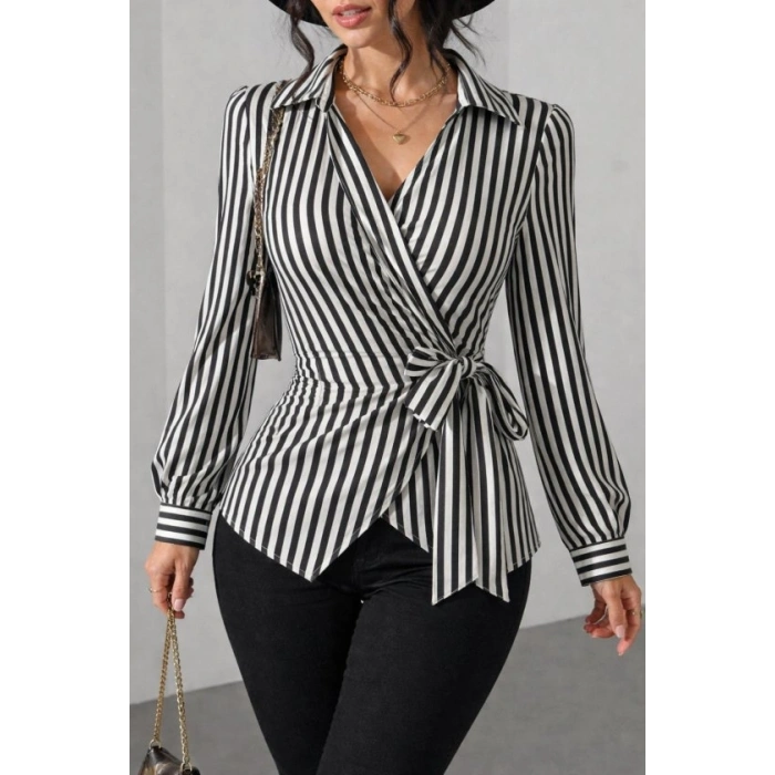 Kadın çizgili Kruvaze Bağlamalı Gömlek