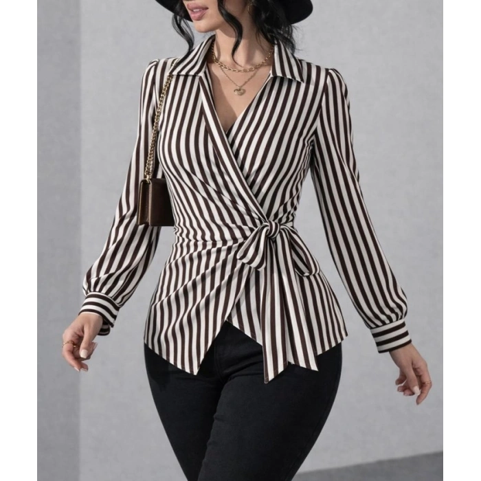 Kadın çizgili Kruvaze Bağlamalı Gömlek