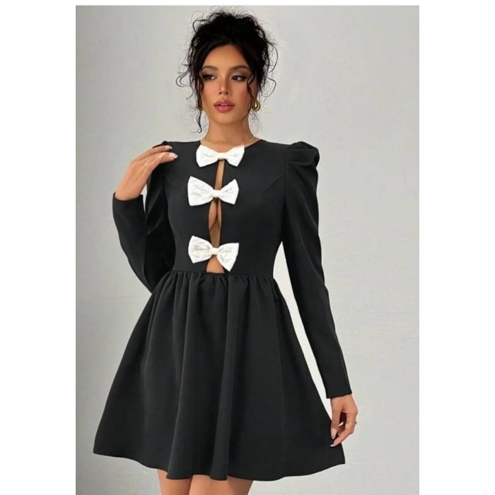 Kadın Dalgıç Kumaş Fiyonk Detaylı Uzun Kollu Mini Boy Elbise