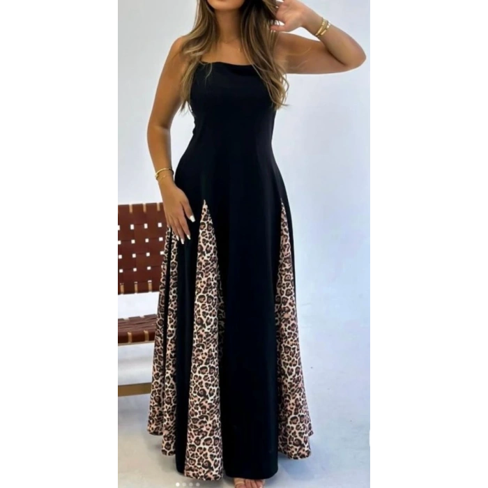 Kadın Dalgıç Kumaş Leopar Desenli Kloş Elbise