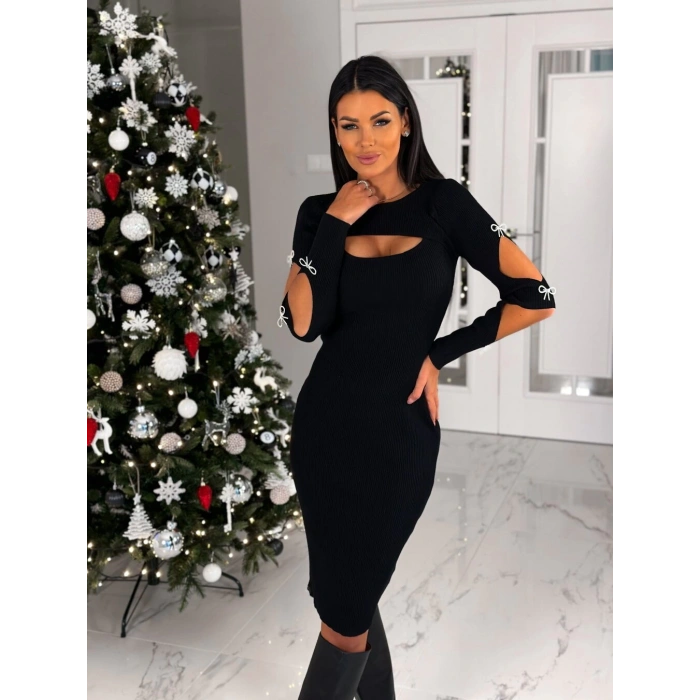 Kadın Dekolte Detaylı Scuba Dalgıç Kumaş Taş Aksesuarli Elbise