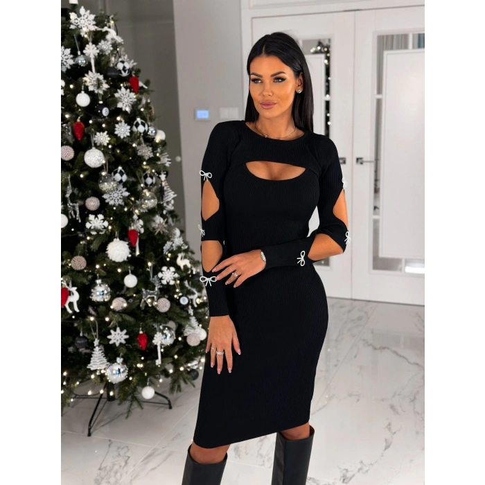 Kadın Dekolte Detaylı Scuba Dalgıç Kumaş Taş Aksesuarli Elbise