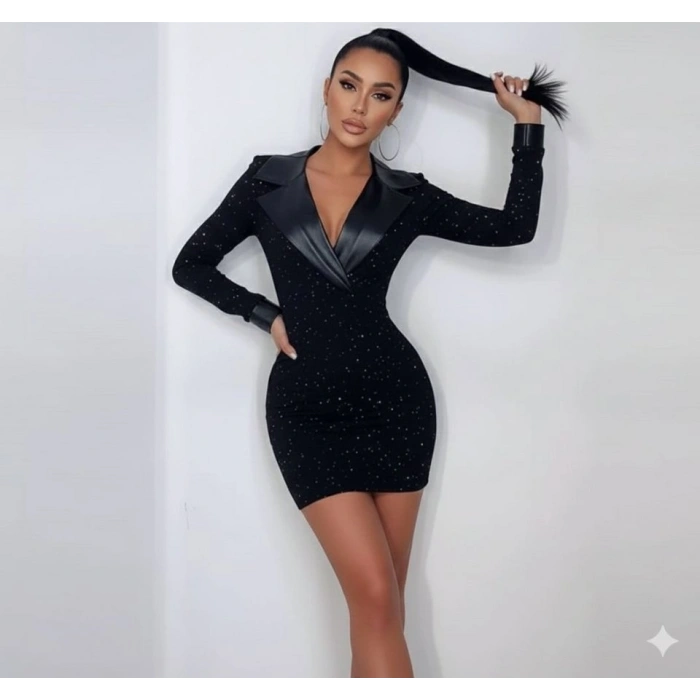 Kadın Deri Detaylı Manşet Yaka Simli Fukara Kumaş Mini Elbise