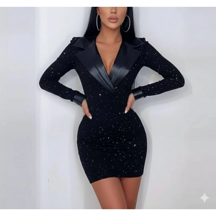 Kadın Deri Detaylı Manşet Yaka Simli Fukara Kumaş Mini Elbise