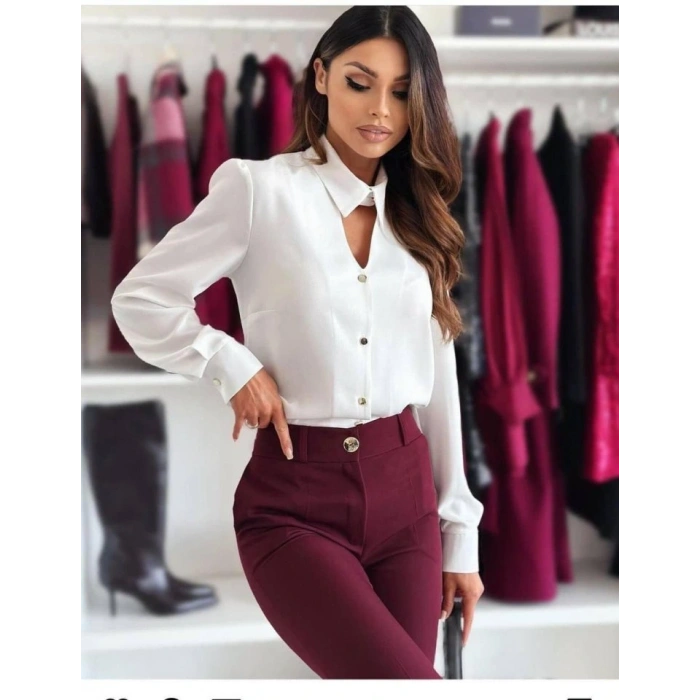 Kadın Dokuma Viskon Kumaş V Yaka Dekolte Ve Metal Düğme Detaylı Gömlek