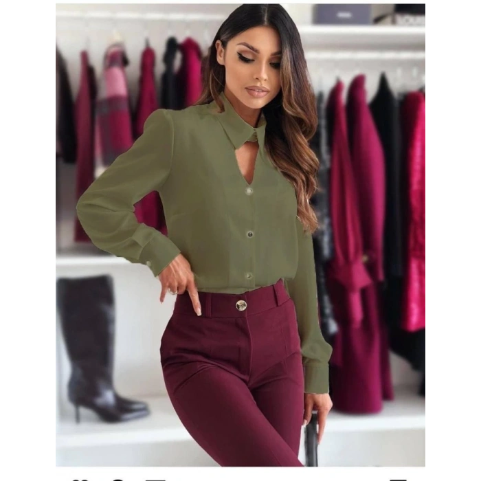 Kadın Dokuma Viskon Kumaş V Yaka Dekolte Ve Metal Düğme Detaylı Gömlek