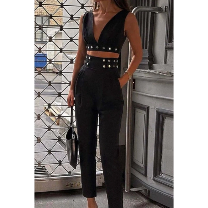 Kadın Double Krep Kumaş Düğme Aksesuar Detaylı Takım