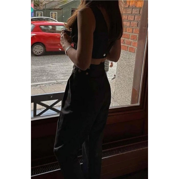 Kadın Double Krep Kumaş Düğme Aksesuar Detaylı Takım