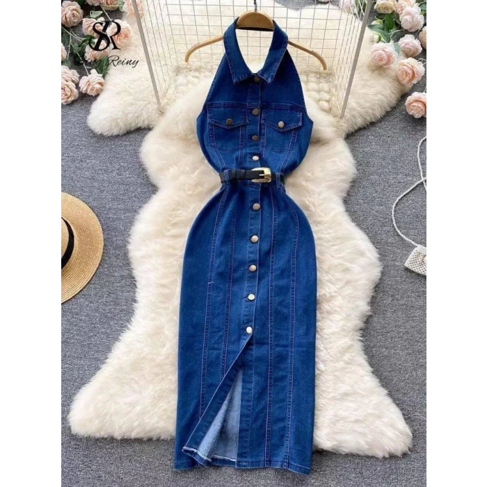 Kadın Düğme Detaylı Belden Kemerli Sırt Dekolte Kot Elbise