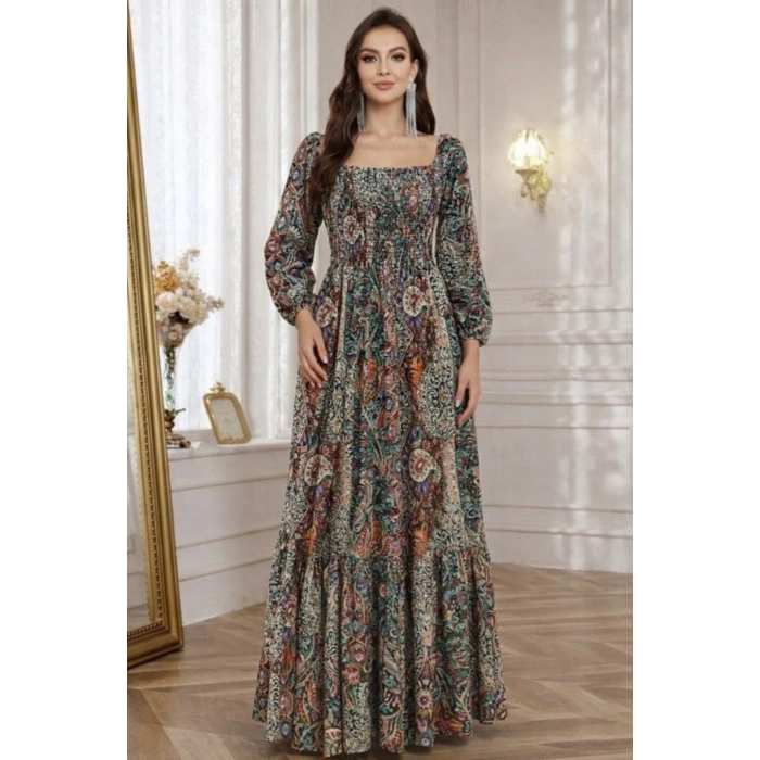 Kadın Düşük Omuzlu Beli Büzgülü Dijital Desenli Kesik Elyaf Süprem Uzun Elbise
