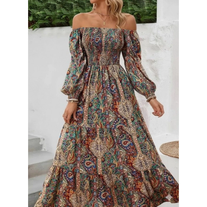 Kadın Düşük Omuzlu Beli Büzgülü Dijital Desenli Kesik Elyaf Süprem Uzun Elbise