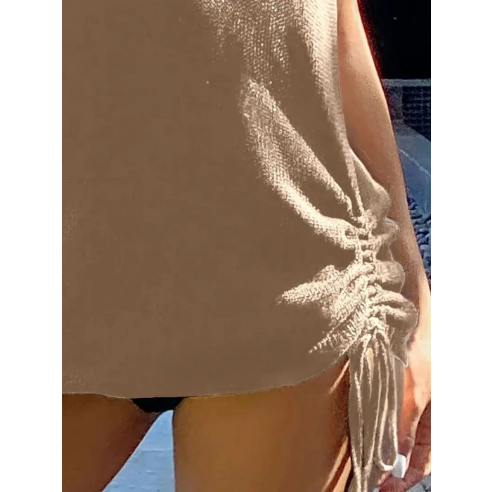 Kadın Eteği Büzgü Detay Boyundan Bağlamalı Mini Triko Pareo