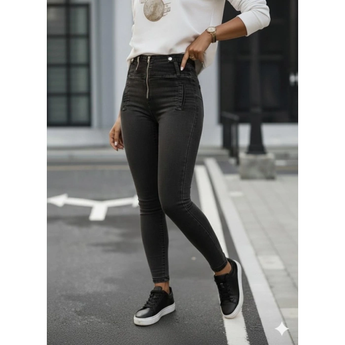 Kadın Fermuar Detay Yüksek Kemerli Kot Pantolon