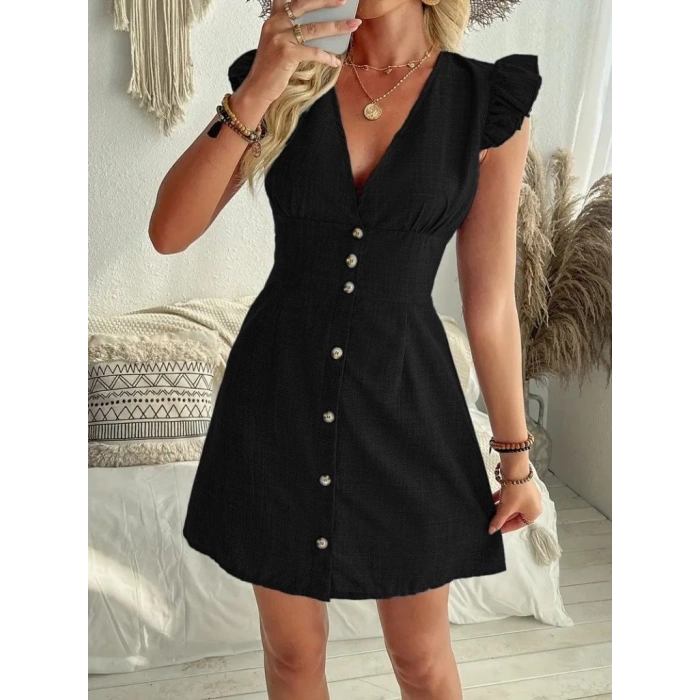 Kadın Fırfır Kollu V Yakalı Düğmeli Keten Elbise