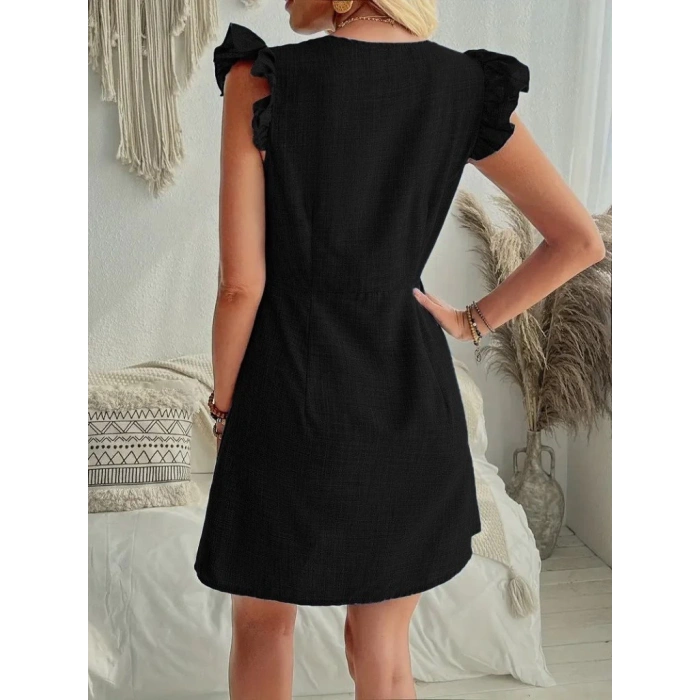 Kadın Fırfır Kollu V Yakalı Düğmeli Keten Elbise