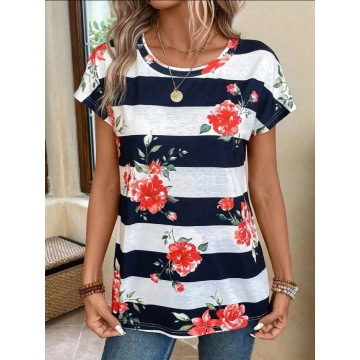 Kadın Gül Desenli çizgili Süprem Tshirt