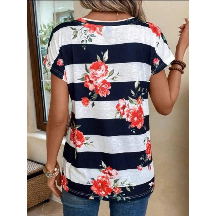 Kadın Gül Desenli çizgili Süprem Tshirt