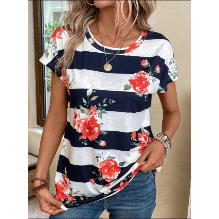 Kadın Gül Desenli çizgili Süprem Tshirt