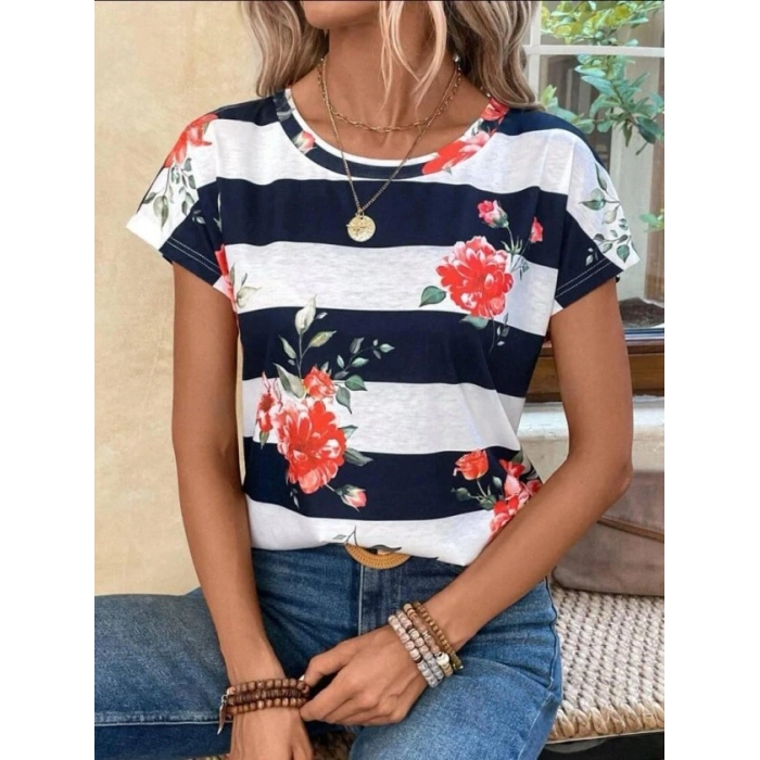 Kadın Gül Desenli çizgili Süprem Tshirt