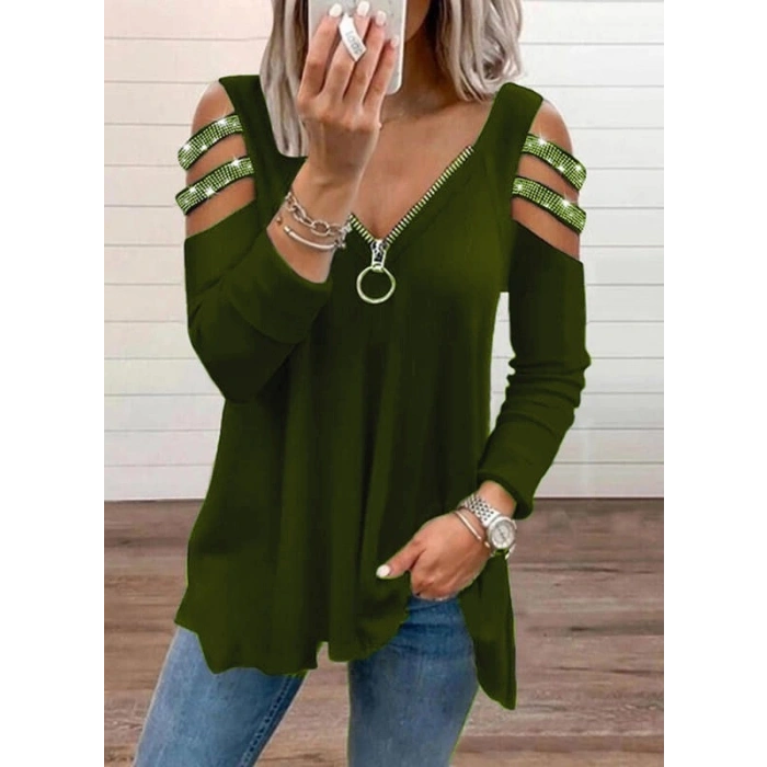 Kadın Haki Kolları Taş Işlemeli Uzun Kol Fermuarlı Viskon Bluz