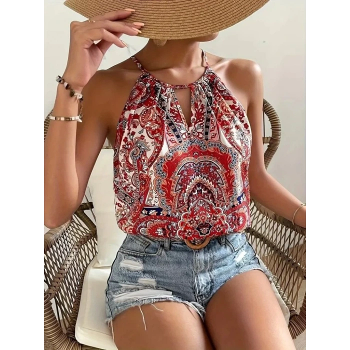 Kadın Halter Kollu Damla Detaylı Desenli Süprem Bluz