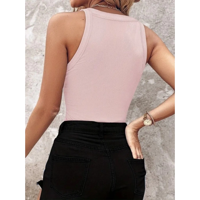 Kadın Halter Kollu Yuvarlak Taşlı Yaka Damla Detaylı Kaşkorse Bluz