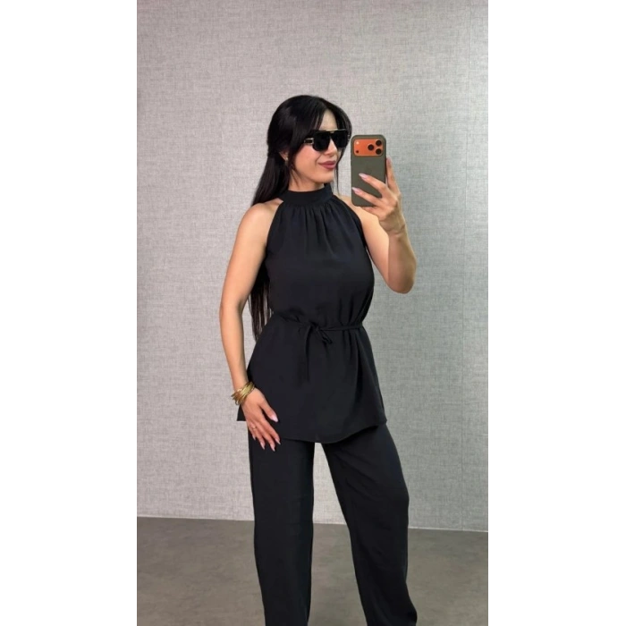 Kadın Halter Yaka Beli Kuşak Detaylı Ikili Takım