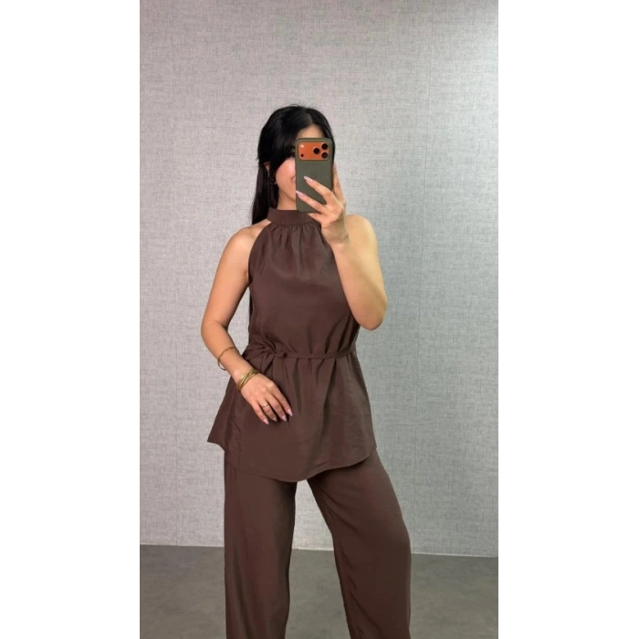 Kadın Halter Yaka Beli Kuşak Detaylı Ikili Takım