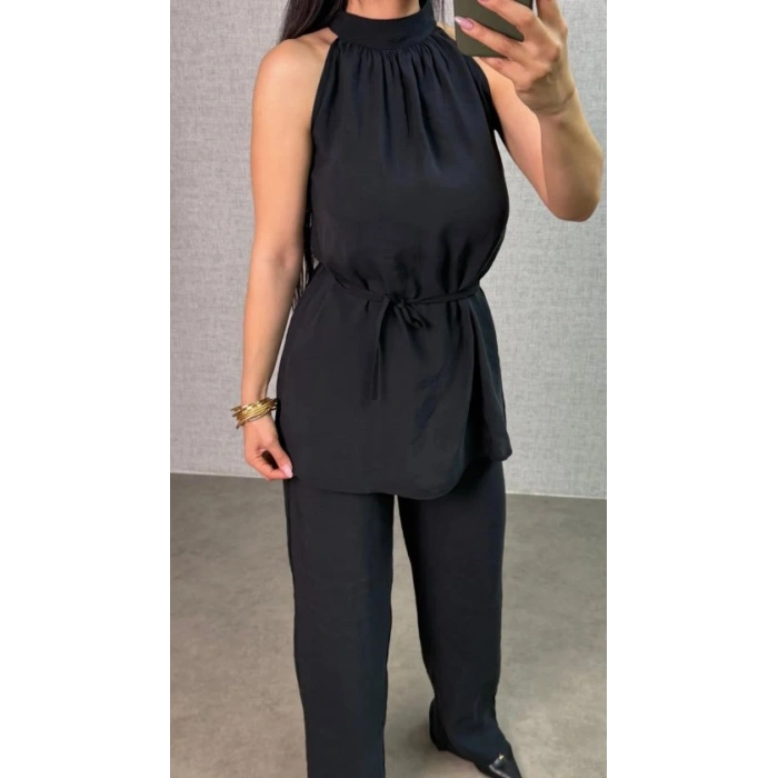 Kadın Halter Yaka Beli Kuşak Detaylı Ikili Takım