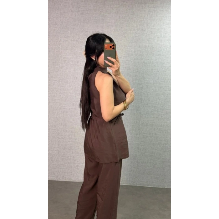 Kadın Halter Yaka Beli Kuşak Detaylı Ikili Takım