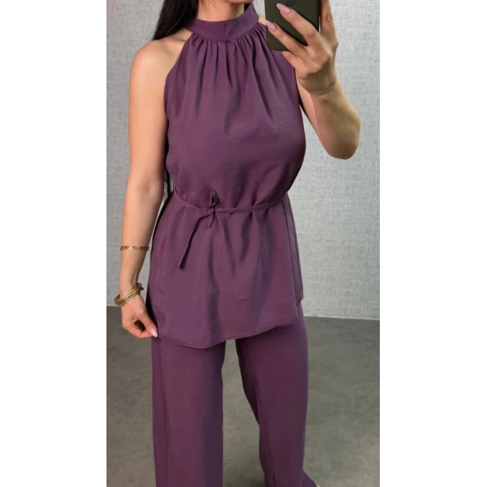 Kadın Halter Yaka Beli Kuşak Detaylı Ikili Takım