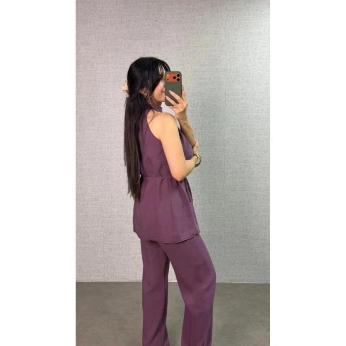 Kadın Halter Yaka Beli Kuşak Detaylı Ikili Takım