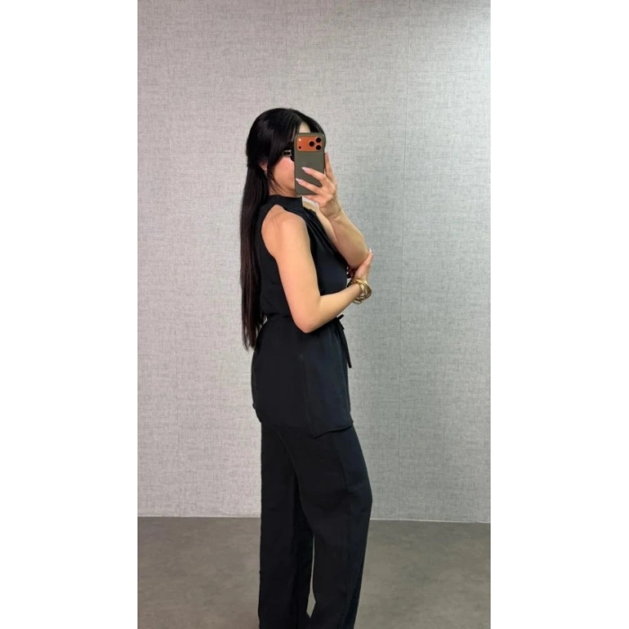 Kadın Halter Yaka Beli Kuşak Detaylı Ikili Takım