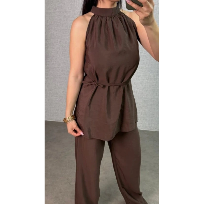 Kadın Halter Yaka Beli Kuşak Detaylı Ikili Takım