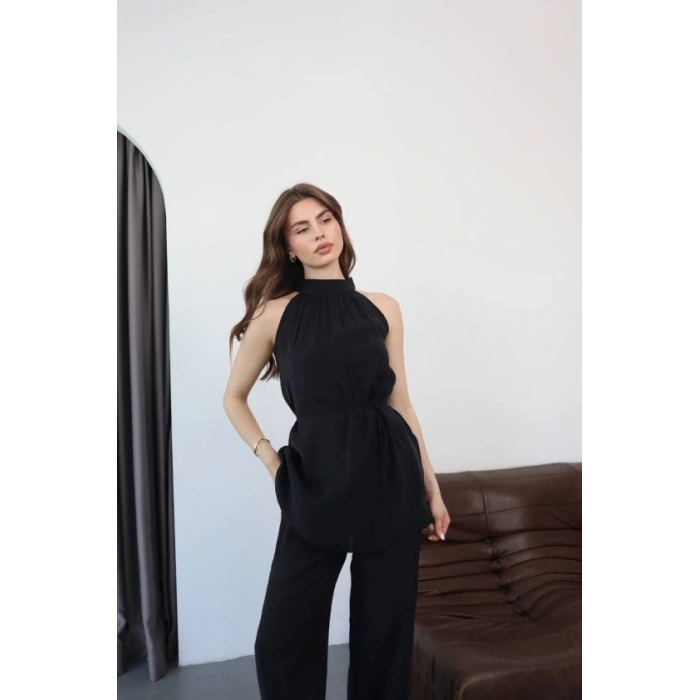 Kadın Halter Yaka Beli Kuşak Detaylı Ikili Takım