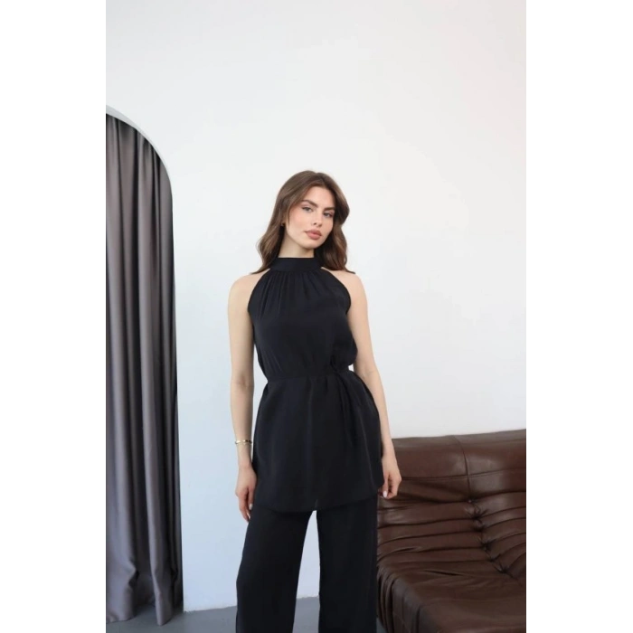 Kadın Halter Yaka Beli Kuşak Detaylı Ikili Takım