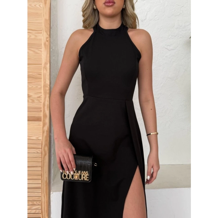 Kadın Halter Yaka Derin Yırtmaç Detaylı Tam Boy Ithal Krep Abiye Elbise