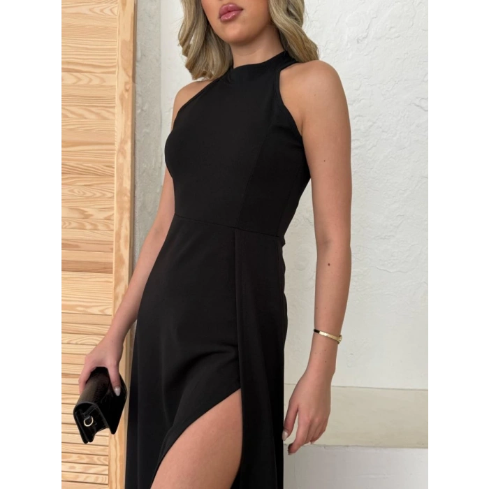 Kadın Halter Yaka Derin Yırtmaç Detaylı Tam Boy Ithal Krep Abiye Elbise