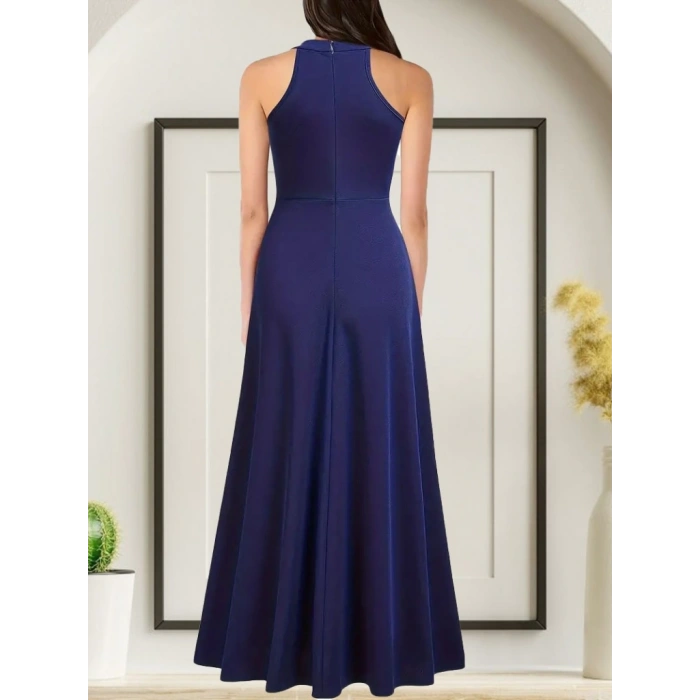 Kadın Halter Yaka Derin Yırtmaç Detaylı Tam Boy Janjan Krep Abiye Elbise