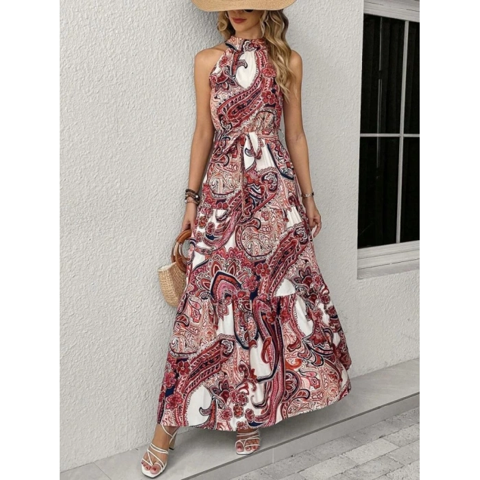 Kadın Halter Yakalı Omuzlardan Açık Kuşaklı Maksi Boy Desenli Süprem Elbise