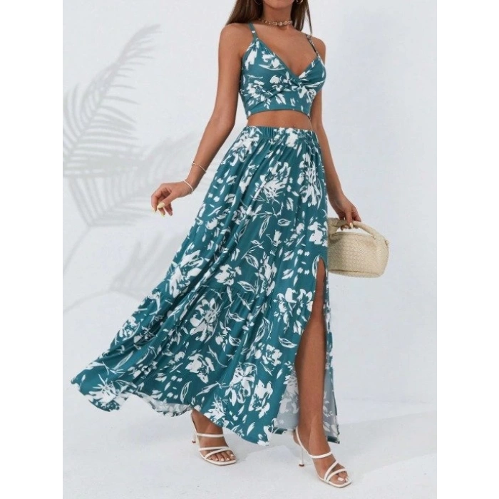 Kadın Ince Askılı çiçek Baskı Desenli Crop Yırtmaçlı Etek Ikili Süprem Takım