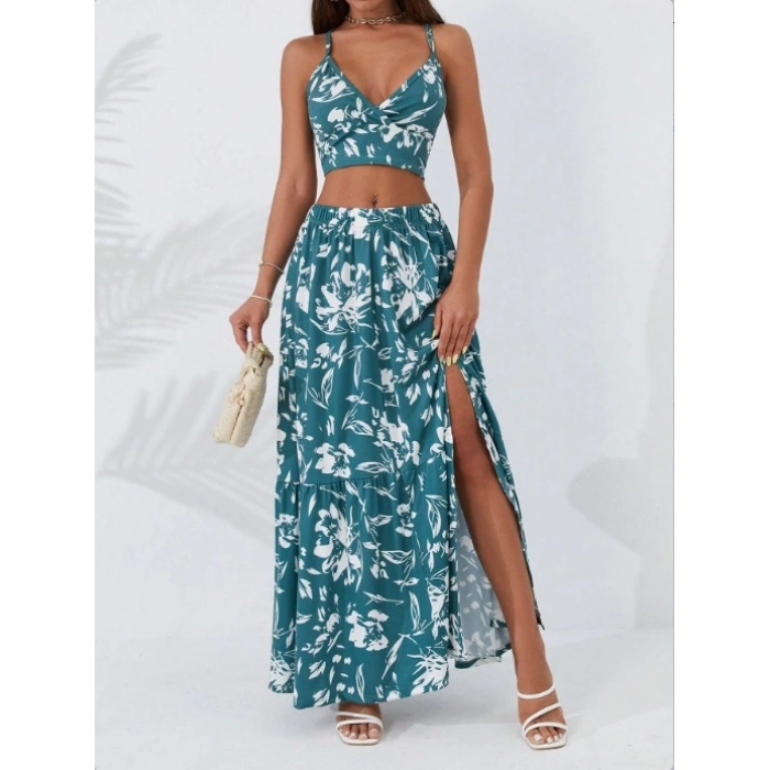 Kadın Ince Askılı çiçek Baskı Desenli Crop Yırtmaçlı Etek Ikili Süprem Takım