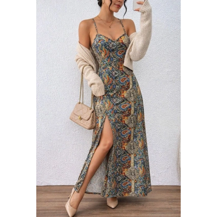 Kadın Ip Askılı Arkadan çapraz Kesim Detaylı Uzun Desenli Süprem Elbise