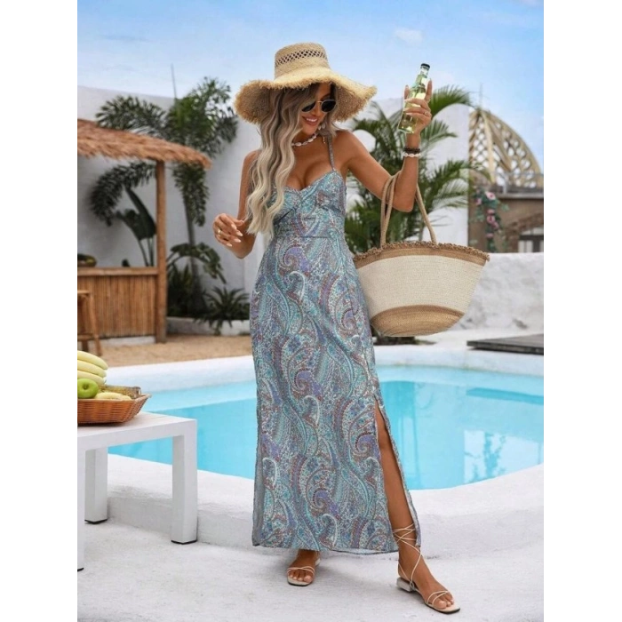 Kadın Ip Askılı Arkadan çapraz Kesim Detaylı Uzun Desenli Süprem Elbise