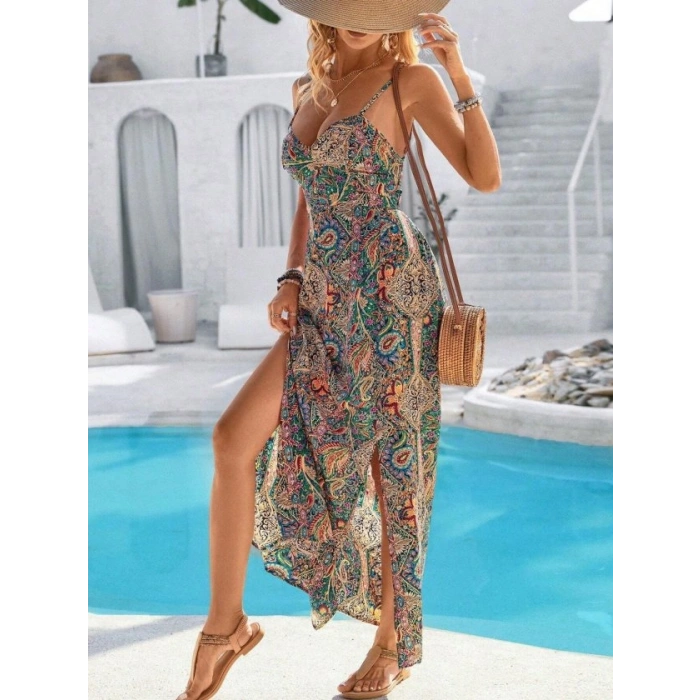 Kadın Ip Askılı Arkadan çapraz Kesim Detaylı Uzun Desenli Süprem Elbise