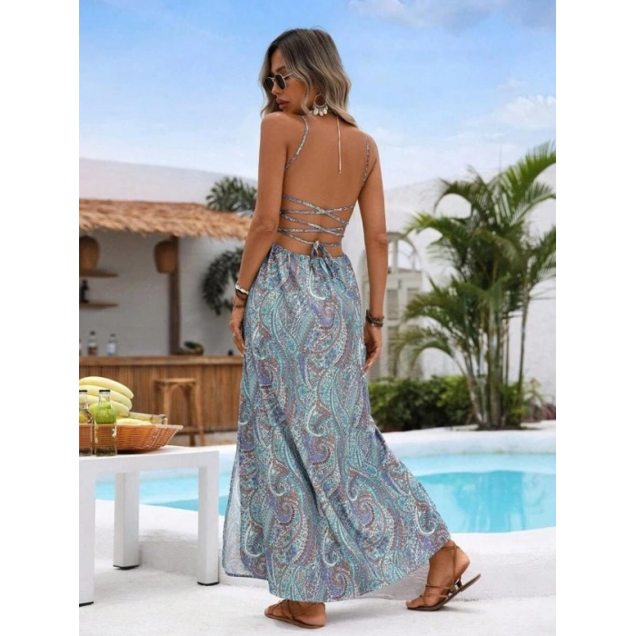 Kadın Ip Askılı Arkadan çapraz Kesim Detaylı Uzun Desenli Süprem Elbise